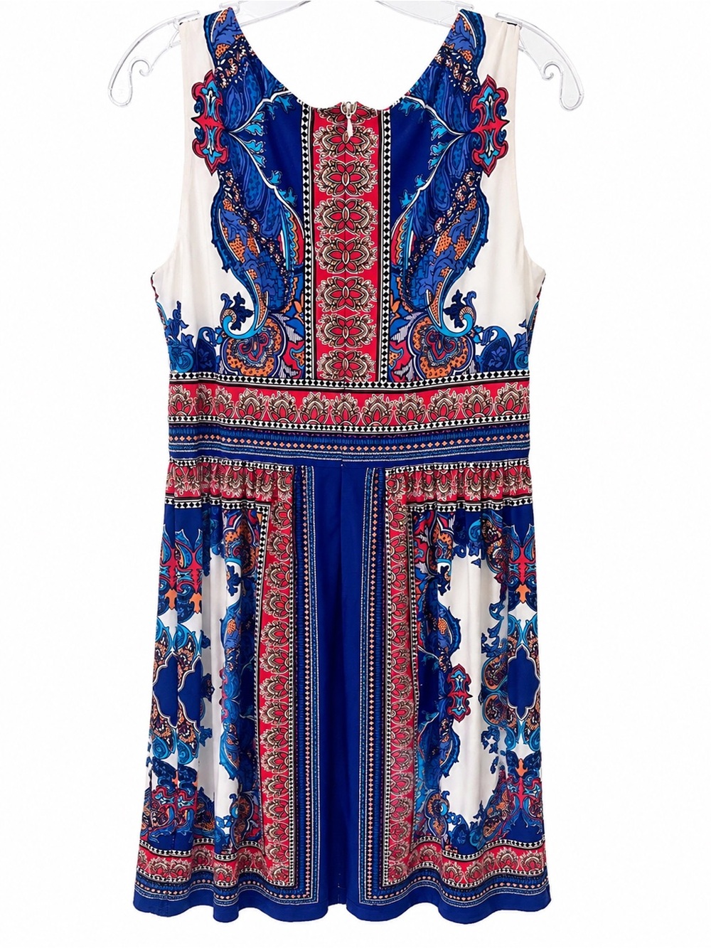 DB Sleeveless Blue & White Printed Fit-and-Flare Dress